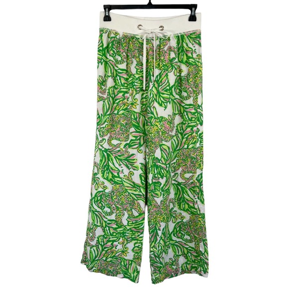 Lilly Pulitzer The Beach Pant Linen In Seeing Pink Elephants Print Wide Leg M - Picture 2 of 10